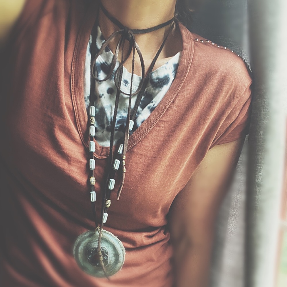 Artisan Upcycled Studded Raw-Edge V-Neck Tee | Size Small